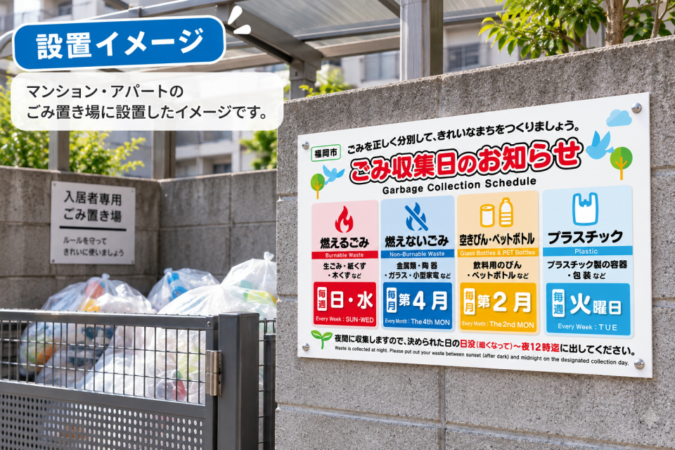 マンション・アパートのゴミ置き場に福岡市対応ゴミ出し日看板を設置したイメージ